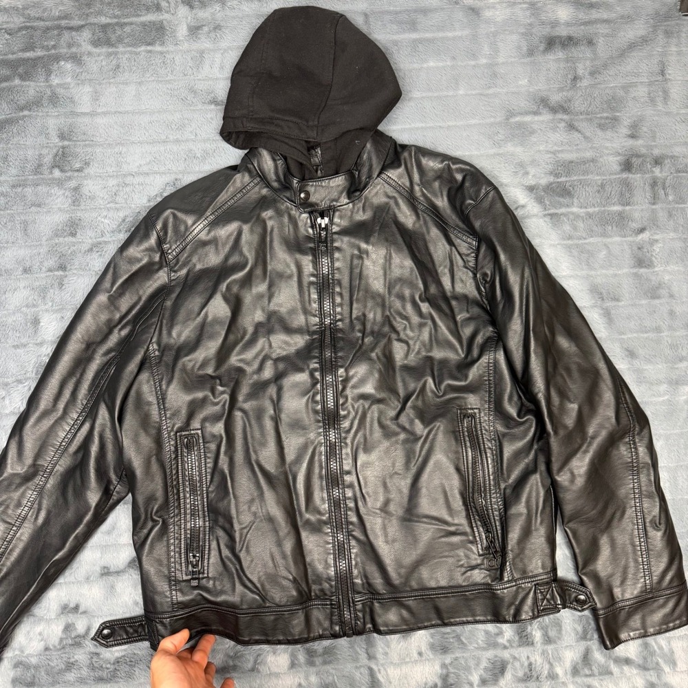 Calvin Klein Mens Faux Leather Hooded Moto Jacket Black Large 6653